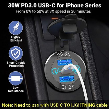 Врезная зарядка QC3 USB-A/Type-C 60Вт в место прикуривателя 12В/24В - Image 3